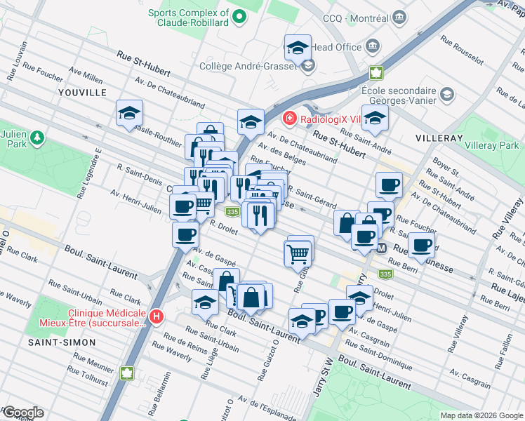 map of restaurants, bars, coffee shops, grocery stores, and more near 8516 Rue Berri in Montréal