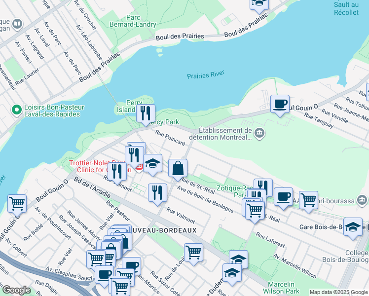 map of restaurants, bars, coffee shops, grocery stores, and more near 12000 Rue Poincaré in Montréal