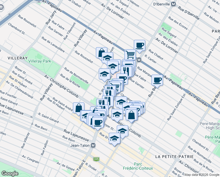map of restaurants, bars, coffee shops, grocery stores, and more near 7226 Rue Chambord in Montréal