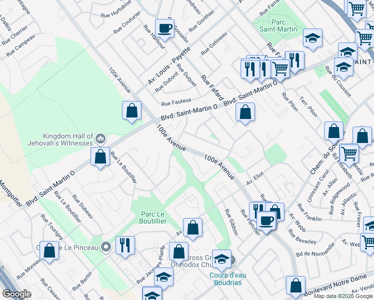 map of restaurants, bars, coffee shops, grocery stores, and more near 100e Avenue in Laval