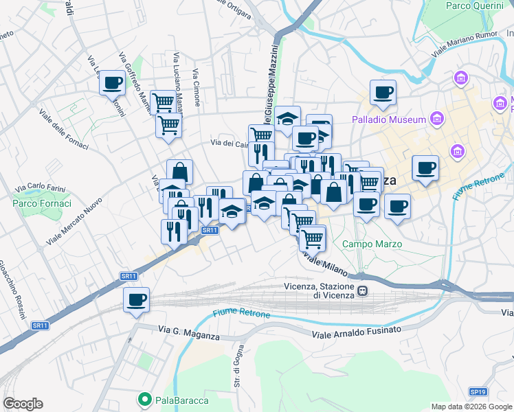 map of restaurants, bars, coffee shops, grocery stores, and more near 5 Via Torino in Provincia di Vicenza