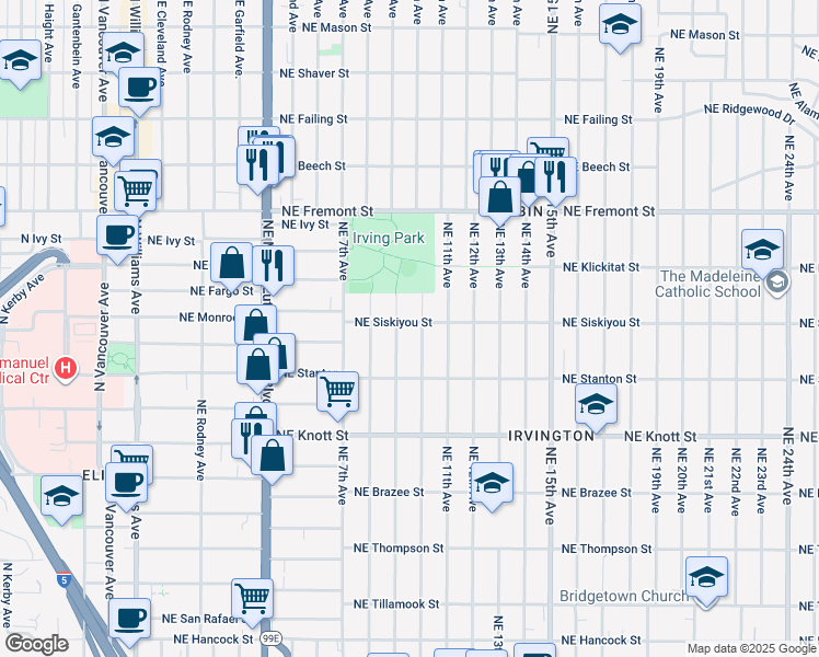 map of restaurants, bars, coffee shops, grocery stores, and more near 920 Northeast Siskiyou Street in Portland