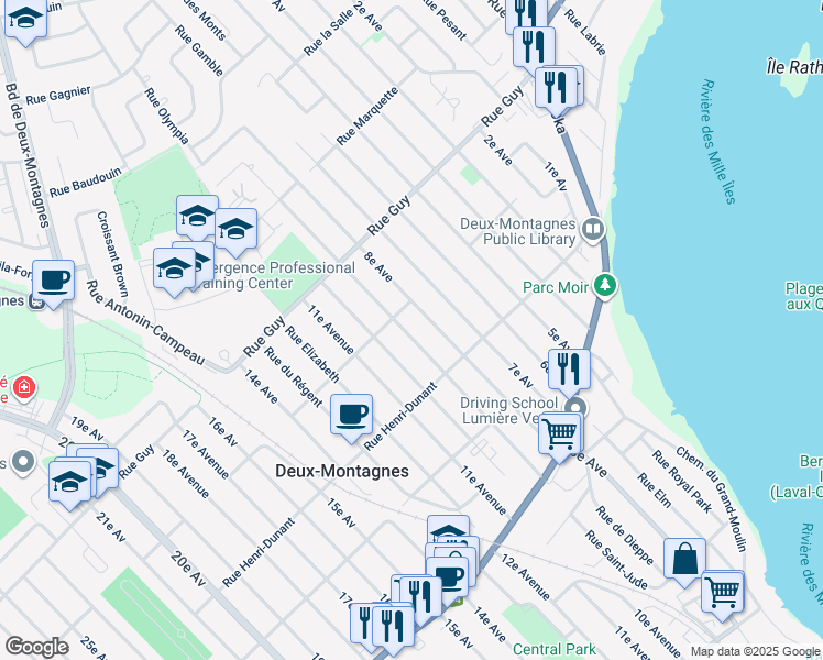 map of restaurants, bars, coffee shops, grocery stores, and more near 301 9e Avenue in Deux-Montagnes