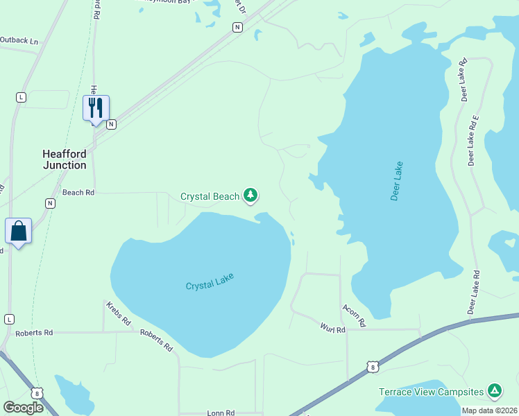 map of restaurants, bars, coffee shops, grocery stores, and more near W5505 Beach Road in Tomahawk