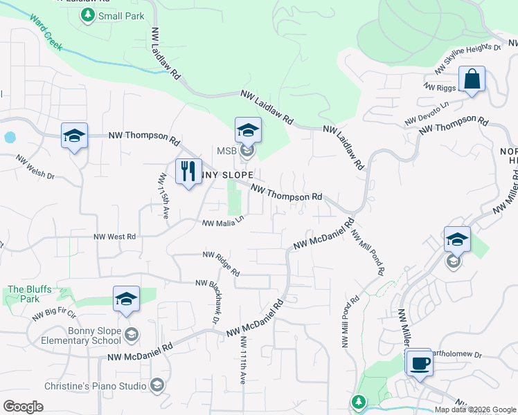 map of restaurants, bars, coffee shops, grocery stores, and more near 11012 Northwest Malia Lane in Portland