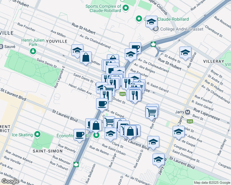 map of restaurants, bars, coffee shops, grocery stores, and more near in Montreal