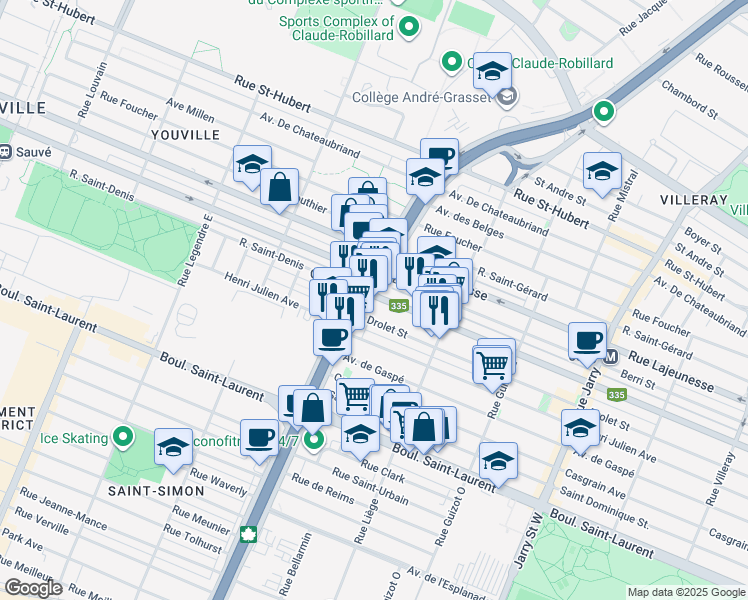map of restaurants, bars, coffee shops, grocery stores, and more near 390 Boulevard Crémazie Est in Montréal
