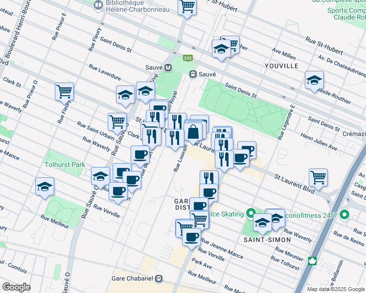 map of restaurants, bars, coffee shops, grocery stores, and more near 15 Rue de Louvain Ouest in Montréal