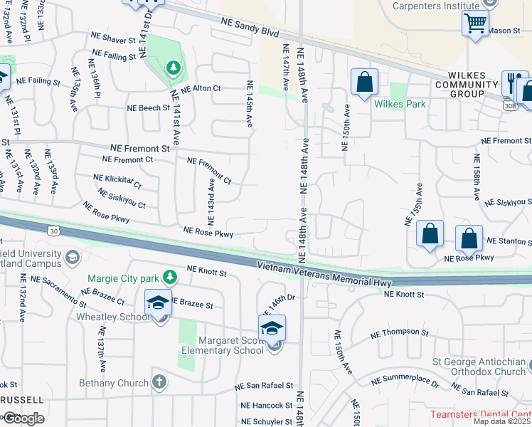 map of restaurants, bars, coffee shops, grocery stores, and more near 14583 Northeast Rose Parkway in Portland