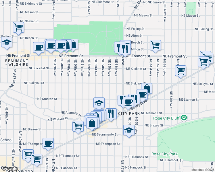 map of restaurants, bars, coffee shops, grocery stores, and more near 2955 Northeast 55th Avenue in Portland