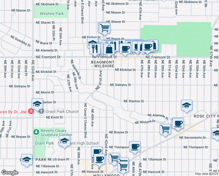 map of restaurants, bars, coffee shops, grocery stores, and more near 4225 Northeast Alameda Street in Portland