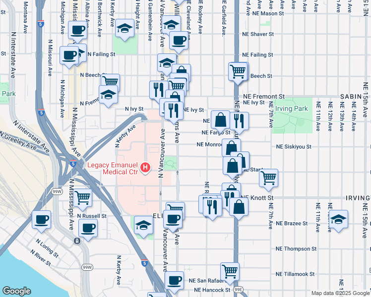 map of restaurants, bars, coffee shops, grocery stores, and more near 44 Northeast Morris Street in Portland