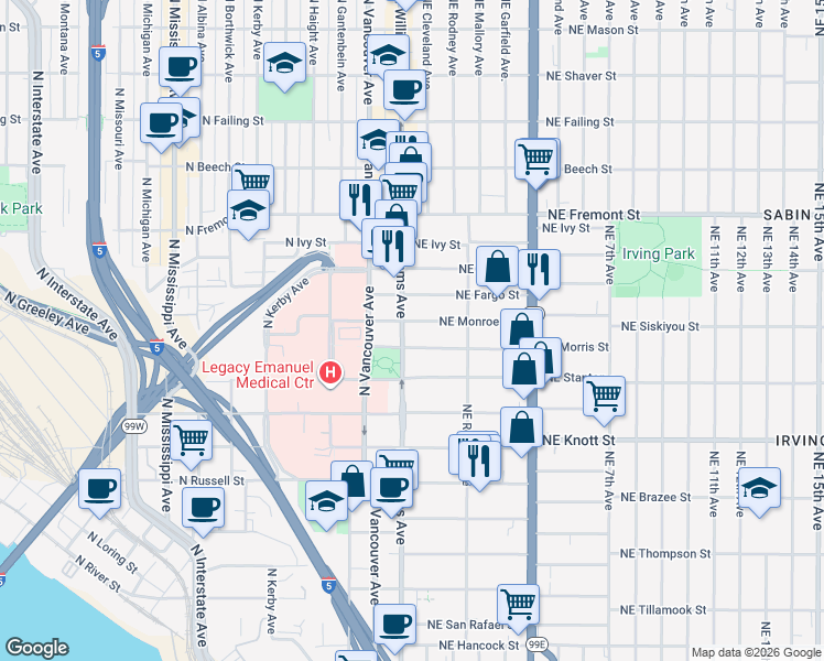 map of restaurants, bars, coffee shops, grocery stores, and more near in Portland