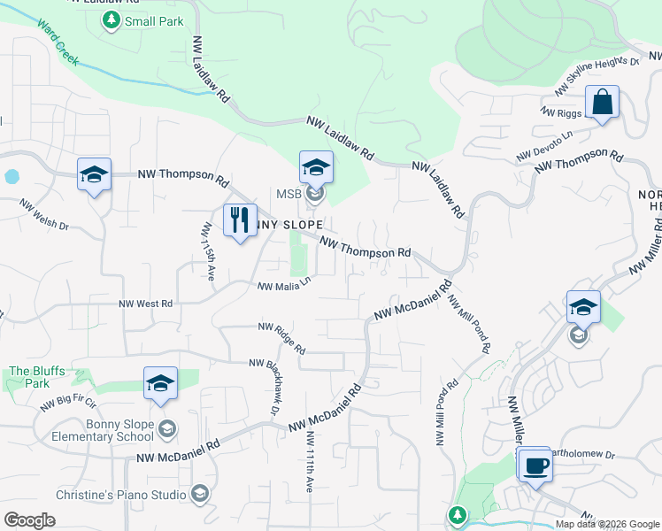 map of restaurants, bars, coffee shops, grocery stores, and more near 11012 Northwest Malia Lane in Portland