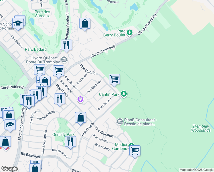 map of restaurants, bars, coffee shops, grocery stores, and more near 2680 Rue Borduas in Longueuil