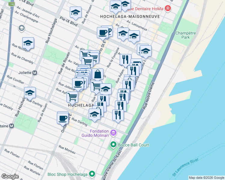 map of restaurants, bars, coffee shops, grocery stores, and more near 3705 Rue Adam in Montréal