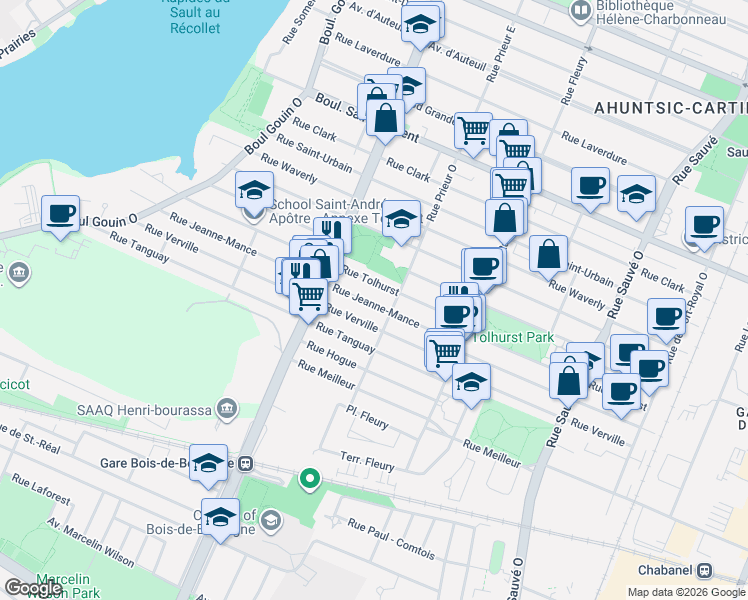 map of restaurants, bars, coffee shops, grocery stores, and more near 10555 Rue Jeanne-Mance in Montréal