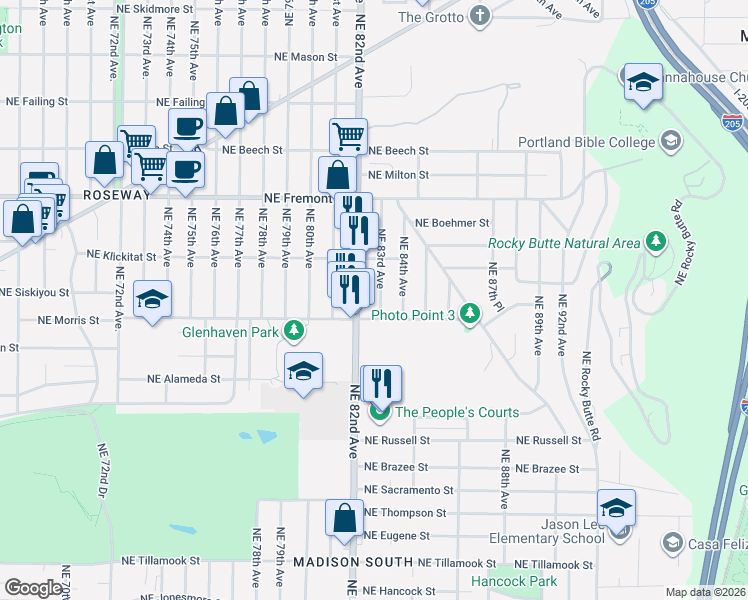 map of restaurants, bars, coffee shops, grocery stores, and more near 3137 Northeast 83rd Avenue in Portland