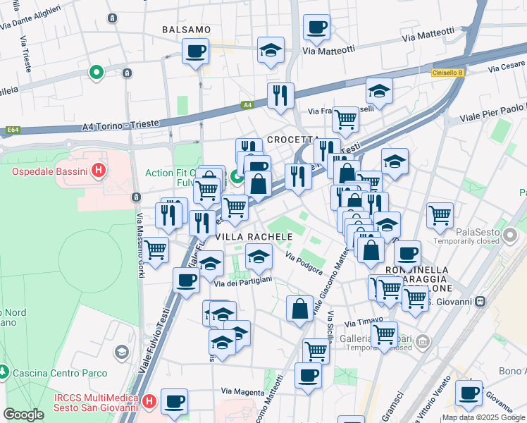 map of restaurants, bars, coffee shops, grocery stores, and more near 1 Via Monte Sabotino in Cinisello Balsamo