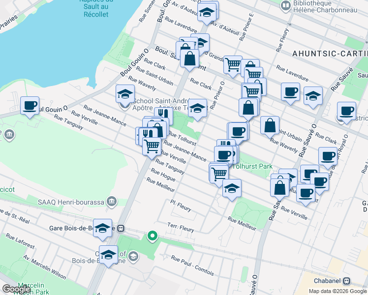 map of restaurants, bars, coffee shops, grocery stores, and more near 10555 Rue Jeanne-Mance in Montréal
