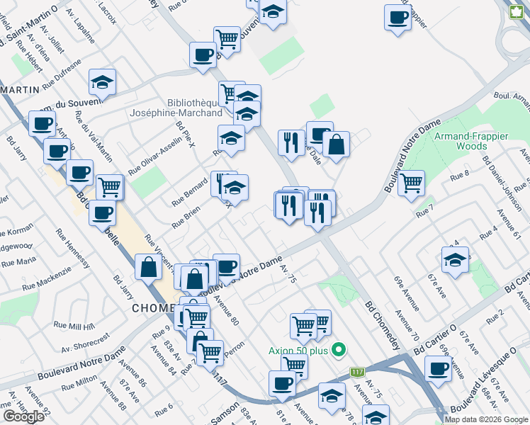 map of restaurants, bars, coffee shops, grocery stores, and more near 961 Avenue Saint-Charles in Laval