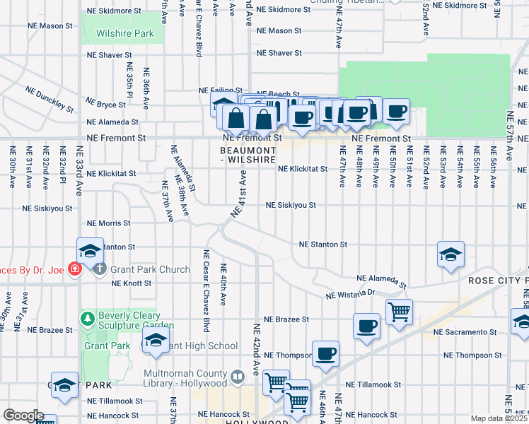 map of restaurants, bars, coffee shops, grocery stores, and more near 4225 Northeast Alameda Street in Portland