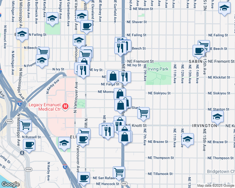 map of restaurants, bars, coffee shops, grocery stores, and more near 312 Northeast Monroe Street in Portland
