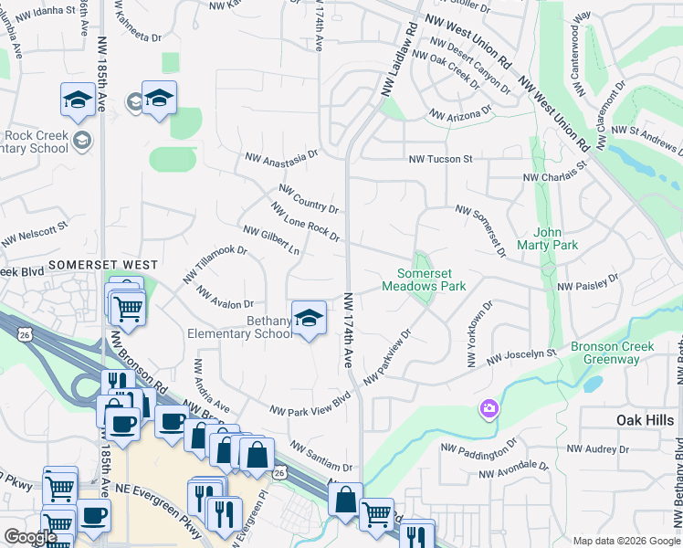 map of restaurants, bars, coffee shops, grocery stores, and more near 3448 Northwest Ashland Drive in Beaverton