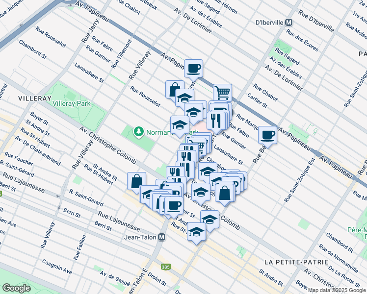 map of restaurants, bars, coffee shops, grocery stores, and more near 7272 Rue Chambord in Montréal