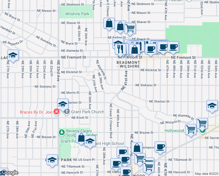 map of restaurants, bars, coffee shops, grocery stores, and more near 3892 Northeast Alameda Street in Portland