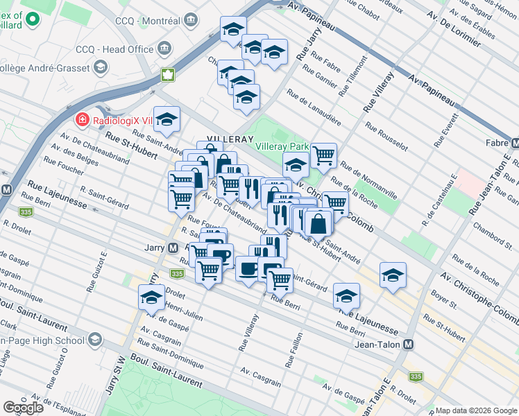 map of restaurants, bars, coffee shops, grocery stores, and more near 7821 Rue Saint-Hubert in Montréal