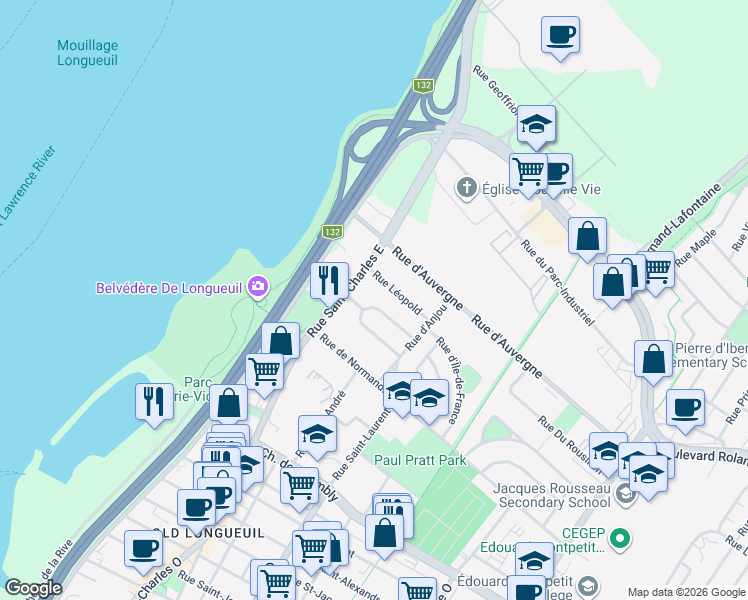 map of restaurants, bars, coffee shops, grocery stores, and more near 147 Rue Lareau in Longueuil