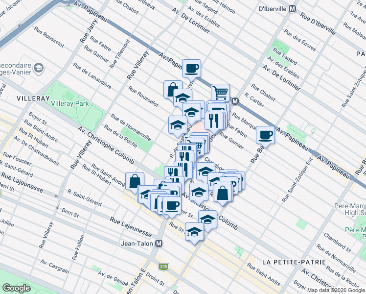 map of restaurants, bars, coffee shops, grocery stores, and more near 7270 Rue Chambord in Montréal