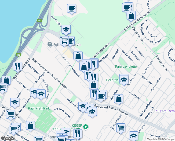 map of restaurants, bars, coffee shops, grocery stores, and more near 625 Rue du Parc-Industriel in Longueuil