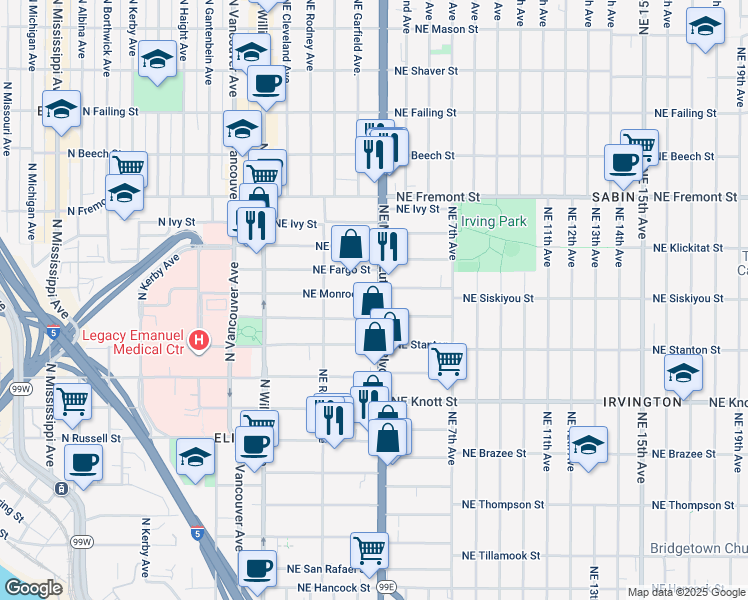 map of restaurants, bars, coffee shops, grocery stores, and more near 3035 Northeast Martin Luther King Junior Boulevard in Portland