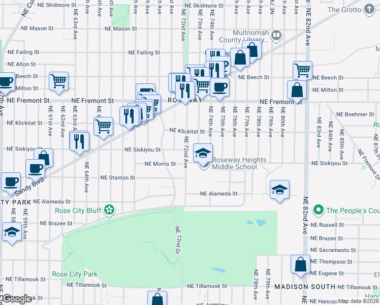 map of restaurants, bars, coffee shops, grocery stores, and more near 3003 Northeast 72nd Avenue in Portland