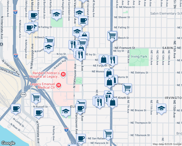 map of restaurants, bars, coffee shops, grocery stores, and more near 52 Northeast Monroe Street in Portland