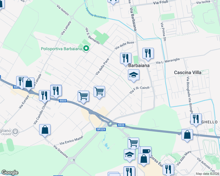 map of restaurants, bars, coffee shops, grocery stores, and more near Via Emilio Caldara in Lainate