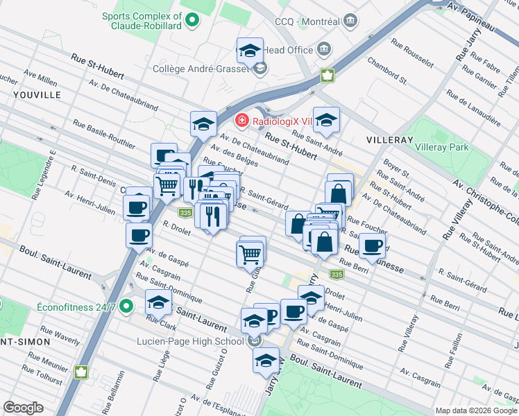 map of restaurants, bars, coffee shops, grocery stores, and more near 8369 Rue Lajeunesse in Montréal
