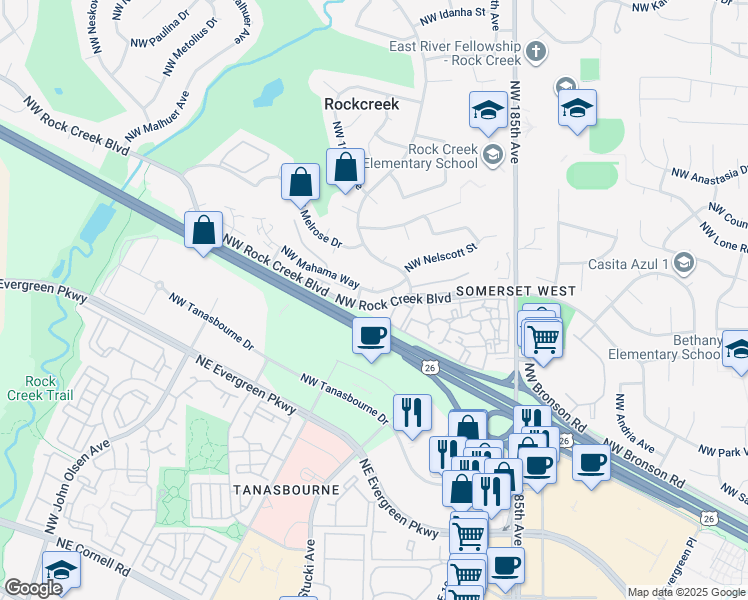 map of restaurants, bars, coffee shops, grocery stores, and more near 19095 Northwest Rock Creek Boulevard in Portland