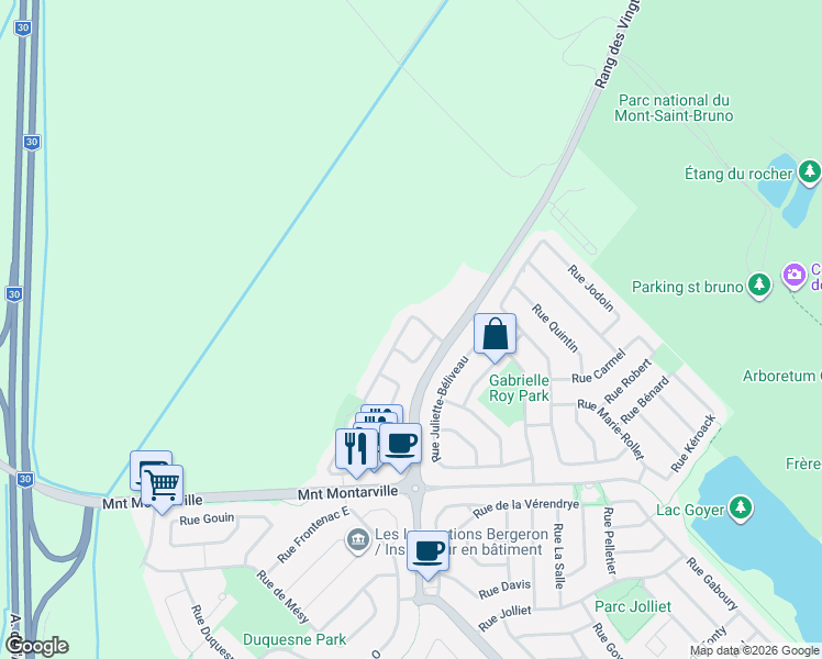 map of restaurants, bars, coffee shops, grocery stores, and more near 250 Rue Thérèse Casgrain in Saint-Bruno-de-Montarville