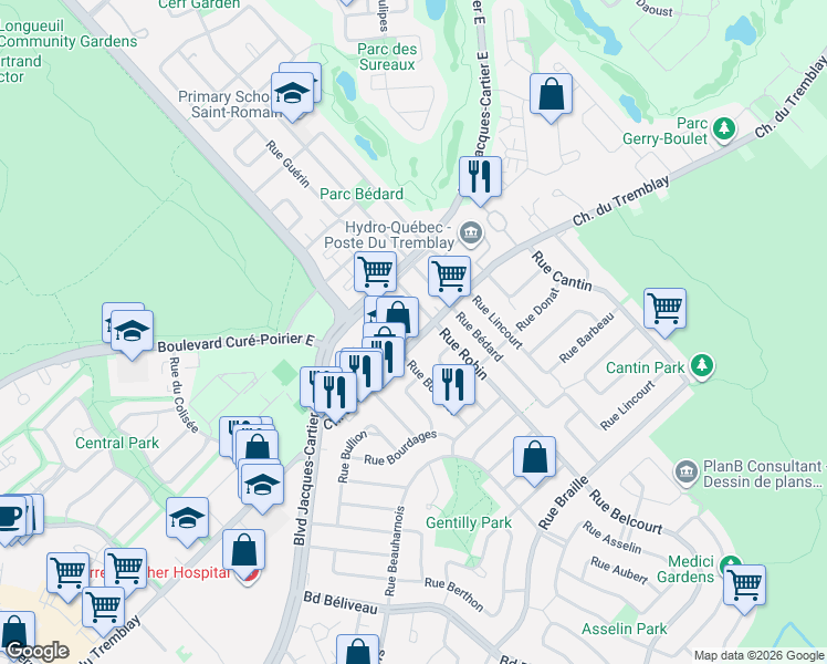 map of restaurants, bars, coffee shops, grocery stores, and more near 1915 Chemin du Tremblay in Longueuil