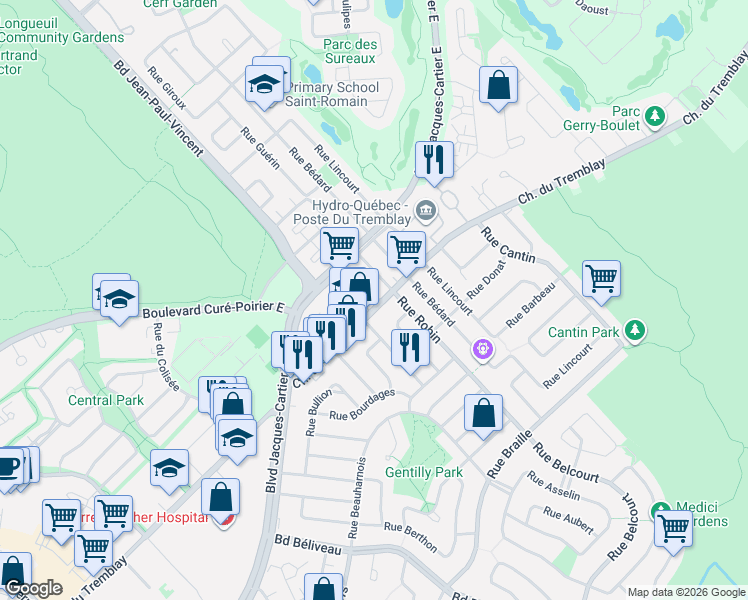 map of restaurants, bars, coffee shops, grocery stores, and more near 1915 Chemin du Tremblay in Longueuil