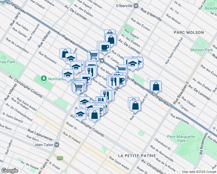map of restaurants, bars, coffee shops, grocery stores, and more near 6997 Rue Garnier in Montréal