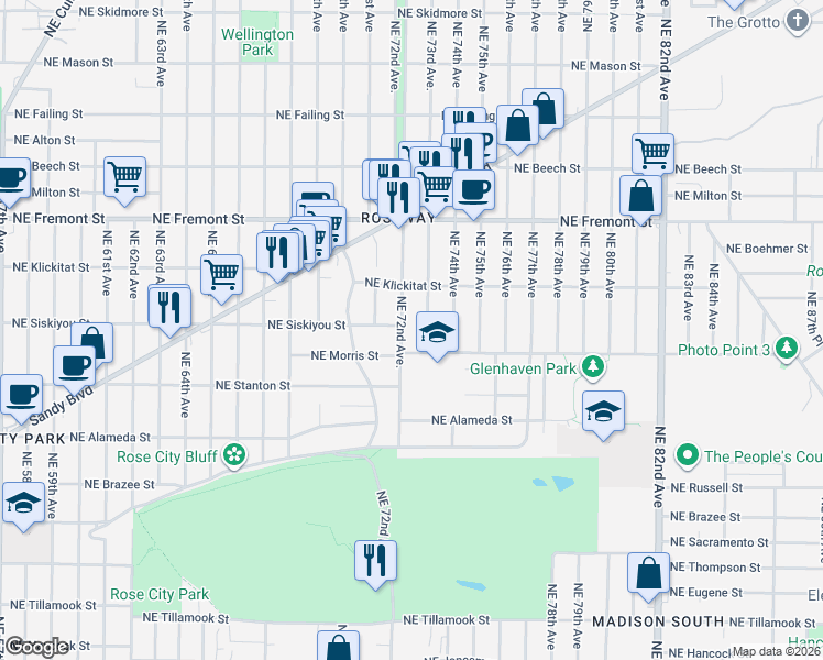 map of restaurants, bars, coffee shops, grocery stores, and more near 3003 Northeast 72nd Avenue in Portland