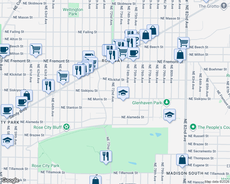 map of restaurants, bars, coffee shops, grocery stores, and more near 3003 Northeast 72nd Avenue in Portland