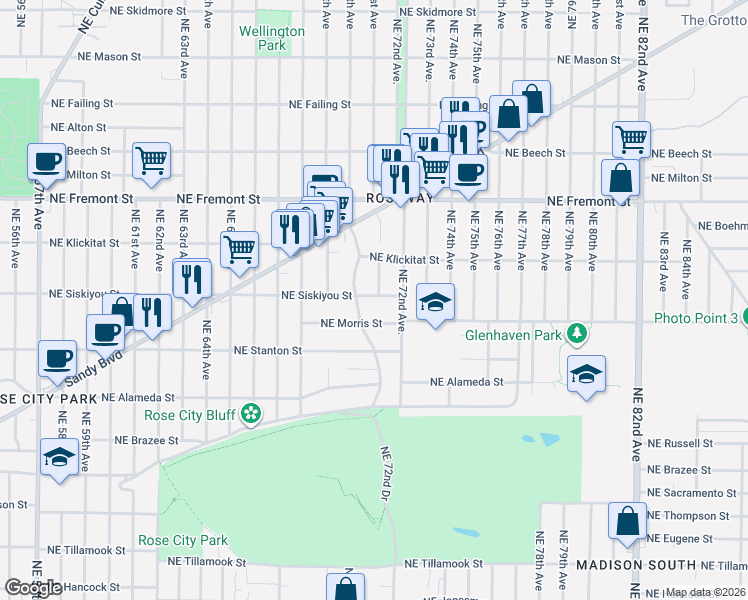 map of restaurants, bars, coffee shops, grocery stores, and more near 7011 Northeast Morris Street in Portland