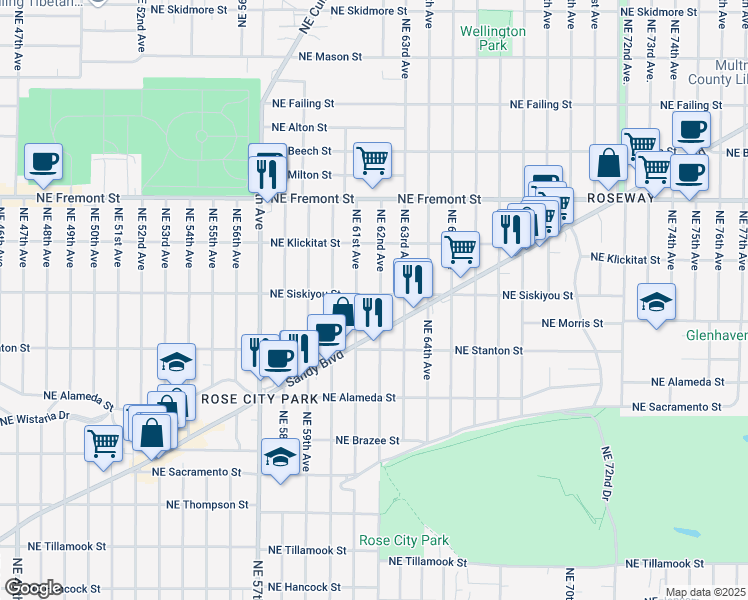 map of restaurants, bars, coffee shops, grocery stores, and more near 3015 Northeast 62nd Avenue in Portland
