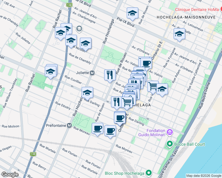 map of restaurants, bars, coffee shops, grocery stores, and more near 3504 Rue de Rouen in Montréal
