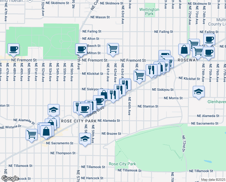 map of restaurants, bars, coffee shops, grocery stores, and more near 3015 Northeast 62nd Avenue in Portland